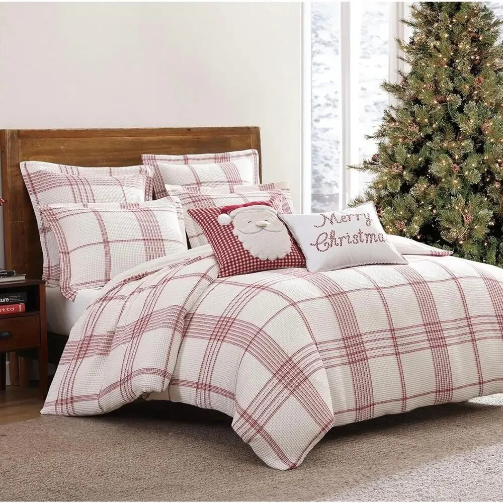 Levtex Peppermint Plaid Duvet Set Full Queen Red White Cotton Holiday NEW